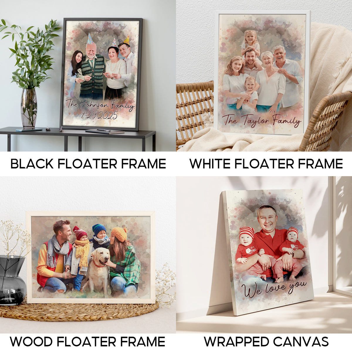 Custom Watercolor Family and Dog Portrait from Photo with Last Name Canvas - Personalized Wall Art