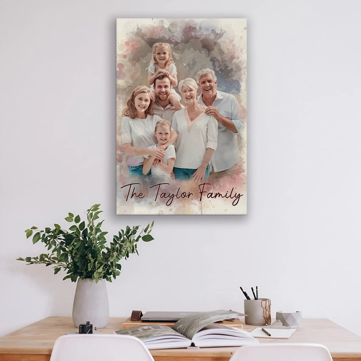 Custom Watercolor Family and Dog Portrait from Photo with Last Name Canvas - Personalized Wall Art