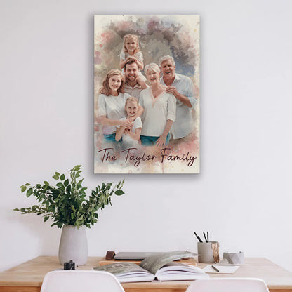 Custom Watercolor Family and Dog Portrait from Photo with Last Name Canvas - Personalized Wall Art