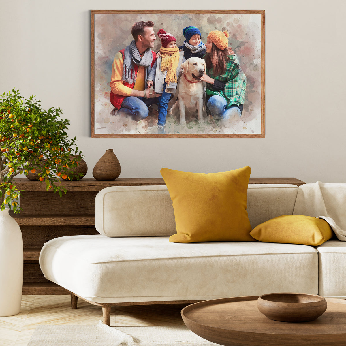 Custom Watercolor Family and Dog Portrait from Photo with Last Name Canvas - Personalized Wall Art