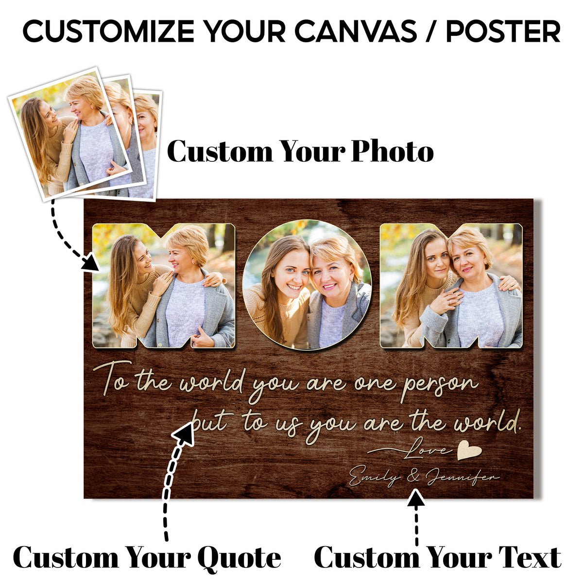Custom Photo Mom 3 Photos To The World You Are One Person Canvas - Personalized Wall Art
