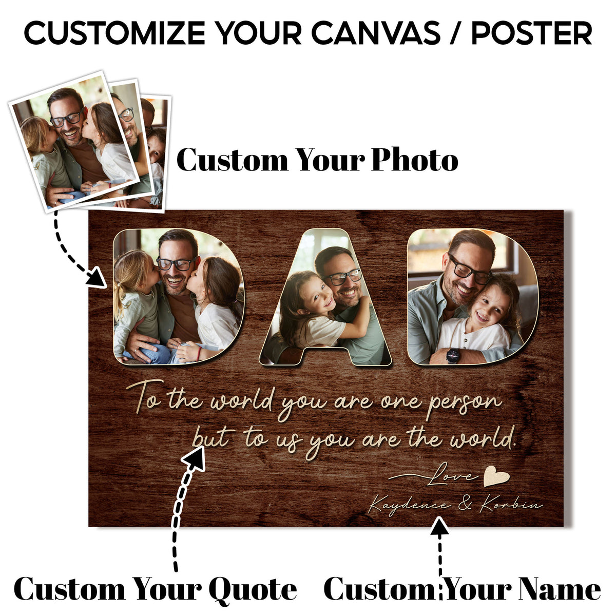 Custom Photo Dad Collage 3 Photos To The World You Are One Person Canvas - Personalized Wall Art