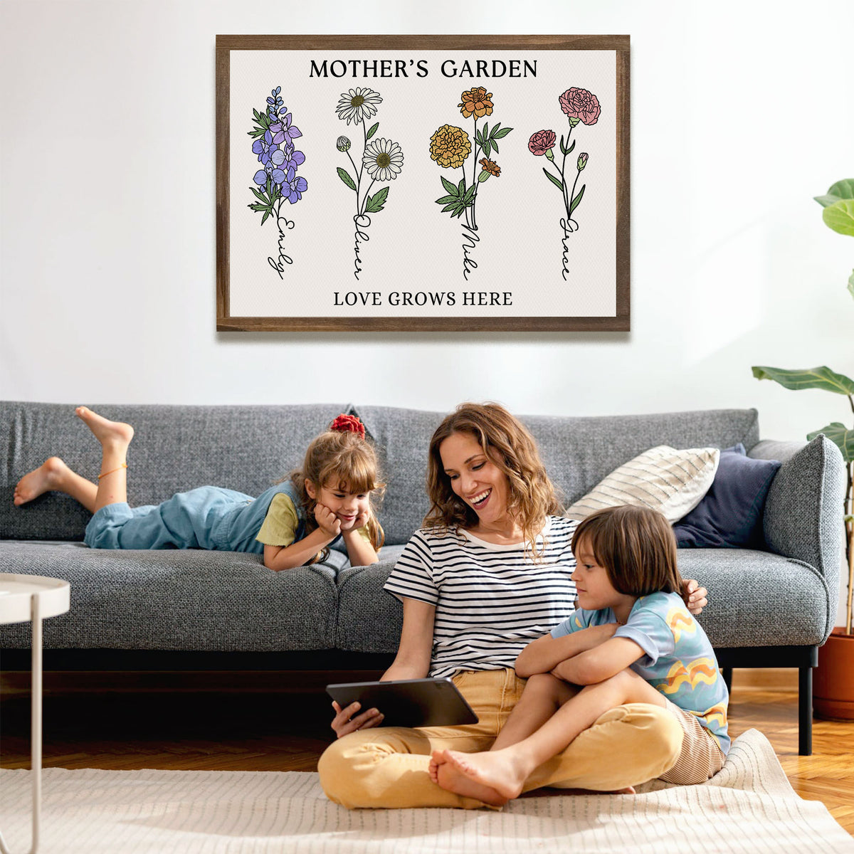 Mother’s Garden Personalized Birth Flower Canvas with Names - Love Grows Here Custom Wall Art - Mother's Day Gift For Mom, Grandma