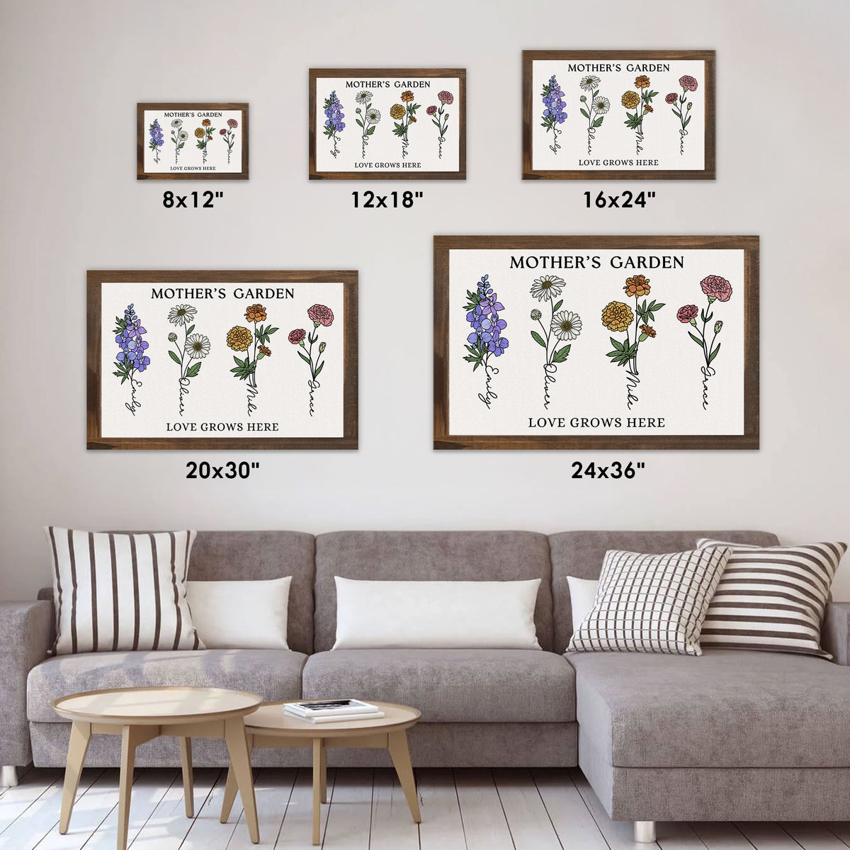 Mother’s Garden Personalized Birth Flower Canvas with Names - Love Grows Here Custom Wall Art - Mother's Day Gift For Mom, Grandma