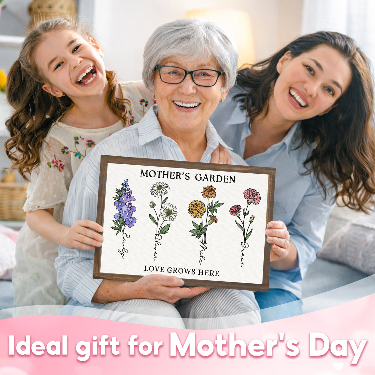 Mother’s Garden Personalized Birth Flower Canvas with Names - Love Grows Here Custom Wall Art - Mother's Day Gift For Mom, Grandma