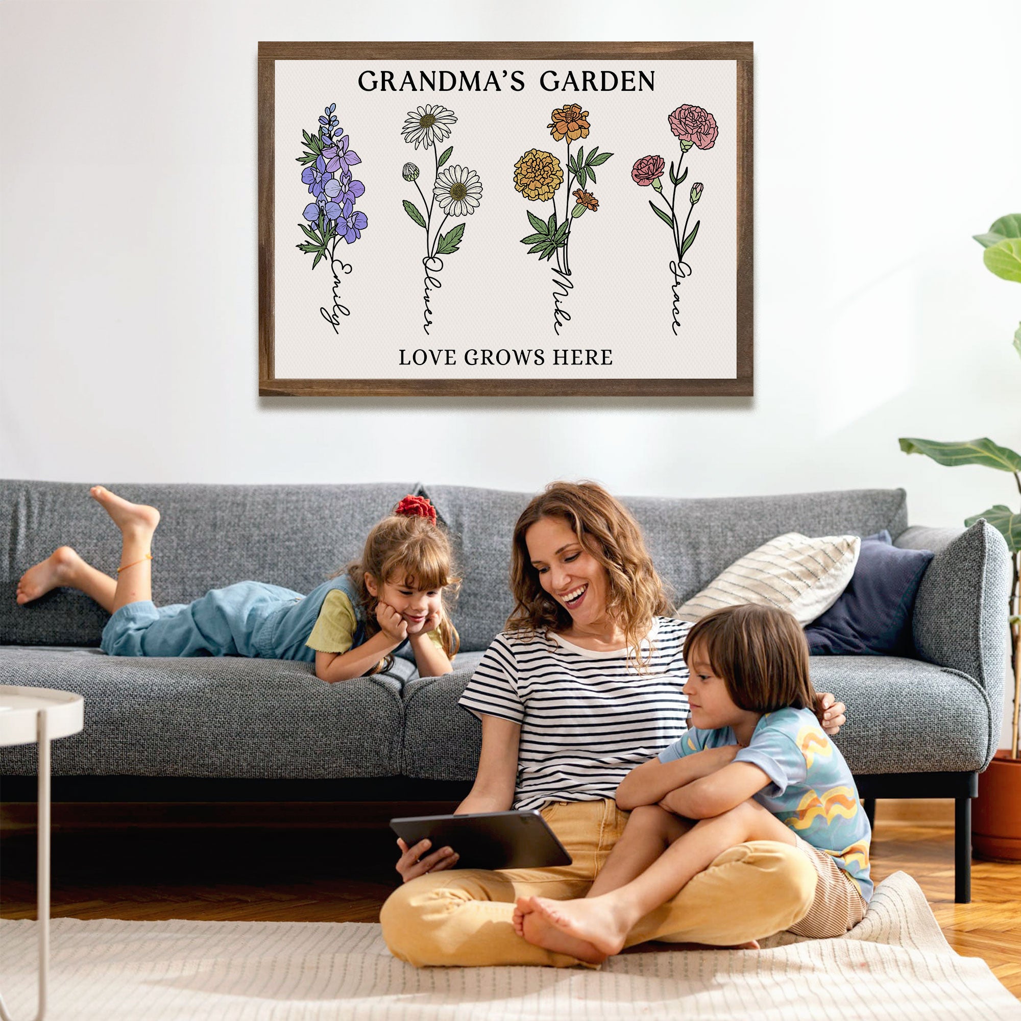 Grandma’s Garden Personalized Birth Flower Canvas with Names - Love Grows Here Wall Art - Mother's Day Gift For Mom, Grandma