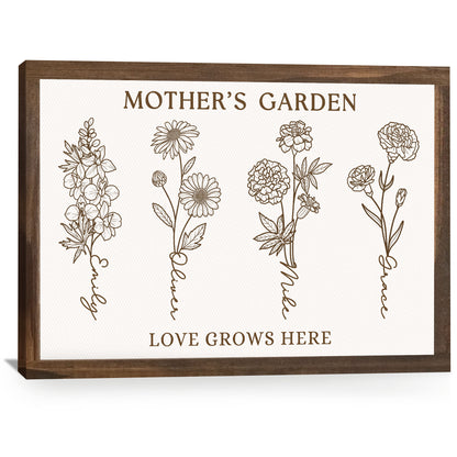 Custom Mom Birth Month Flower Line Art with Kids Names Canvas - Personalized Wall Art