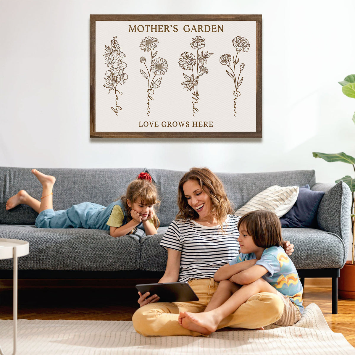 Mother’s Garden Personalized Birth Flower Line Art Canvas with Names - Love Grows Here Wall Art - Mother's Day Gift For Mom, Grandma