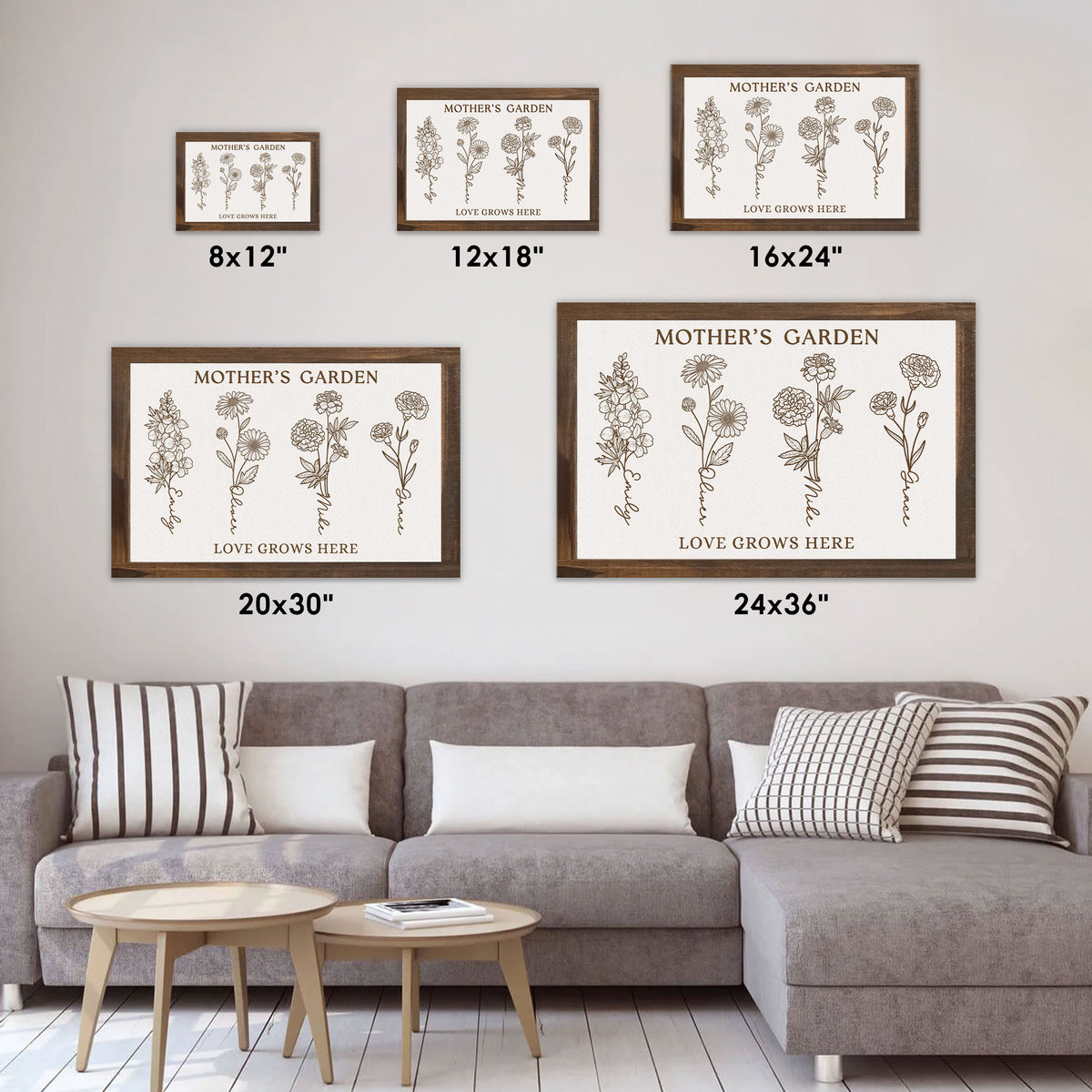 Mother’s Garden Personalized Birth Flower Line Art Canvas with Names - Love Grows Here Wall Art - Mother's Day Gift For Mom, Grandma