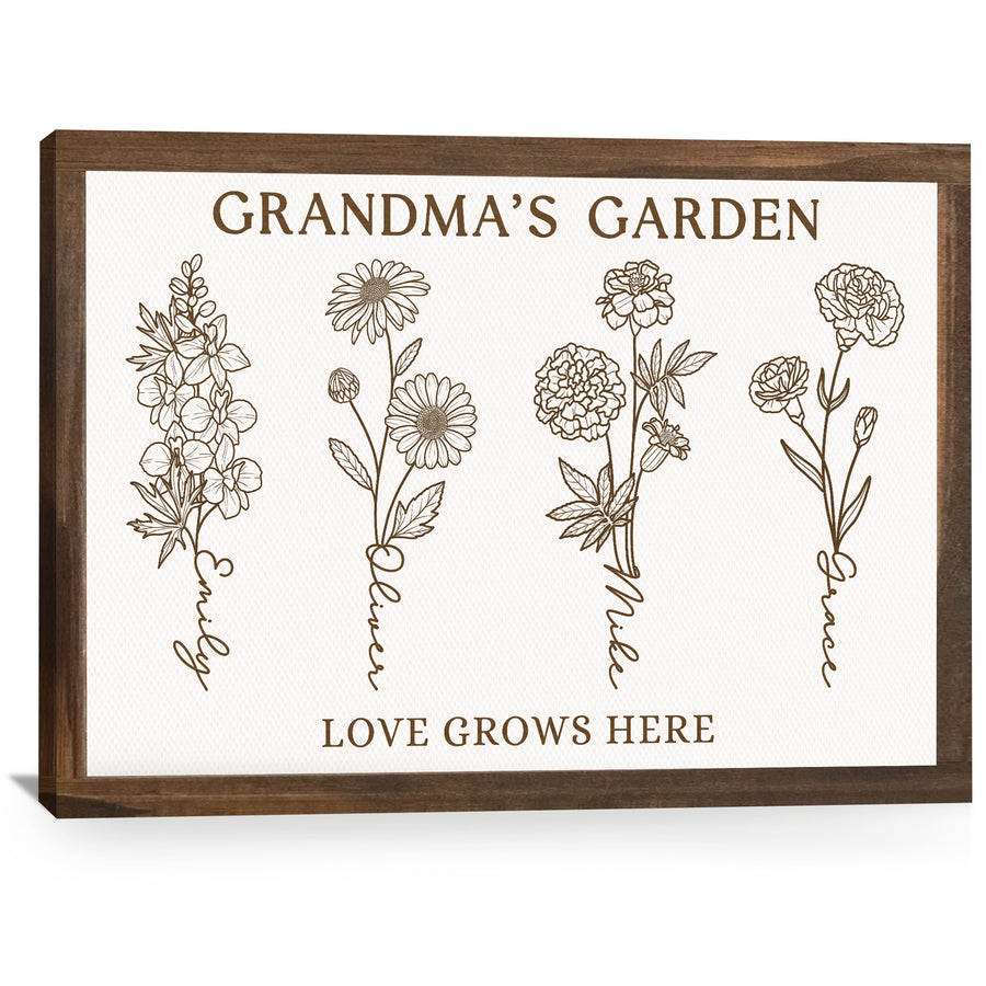 Custom Grandma Birth Month Flower Line Art with Grandkids Names Canvas - Personalized Wall Art