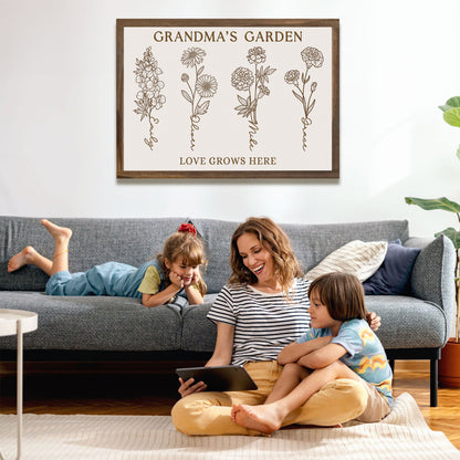 Custom Grandma Birth Month Flower Line Art with Grandkids Names Canvas - Personalized Wall Art