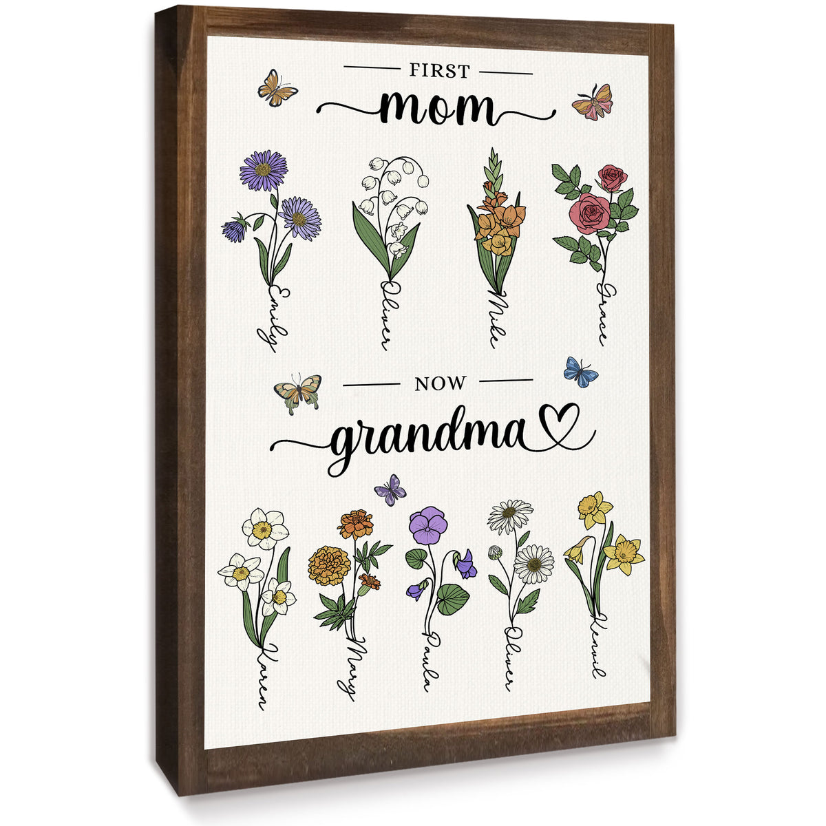 First Mom, Now Grandma Personalized Birth Flower Canvas with Names - Meaningful Mother's Day Gift For Mom, Grandma