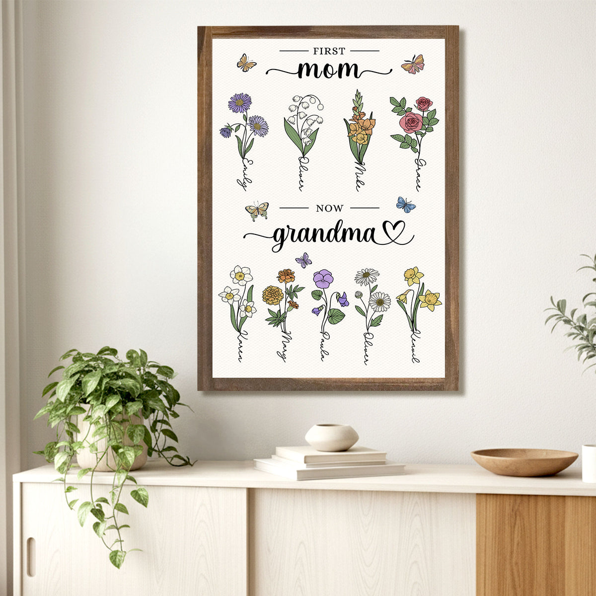 First Mom, Now Grandma Personalized Birth Flower Canvas with Names - Meaningful Mother's Day Gift For Mom, Grandma