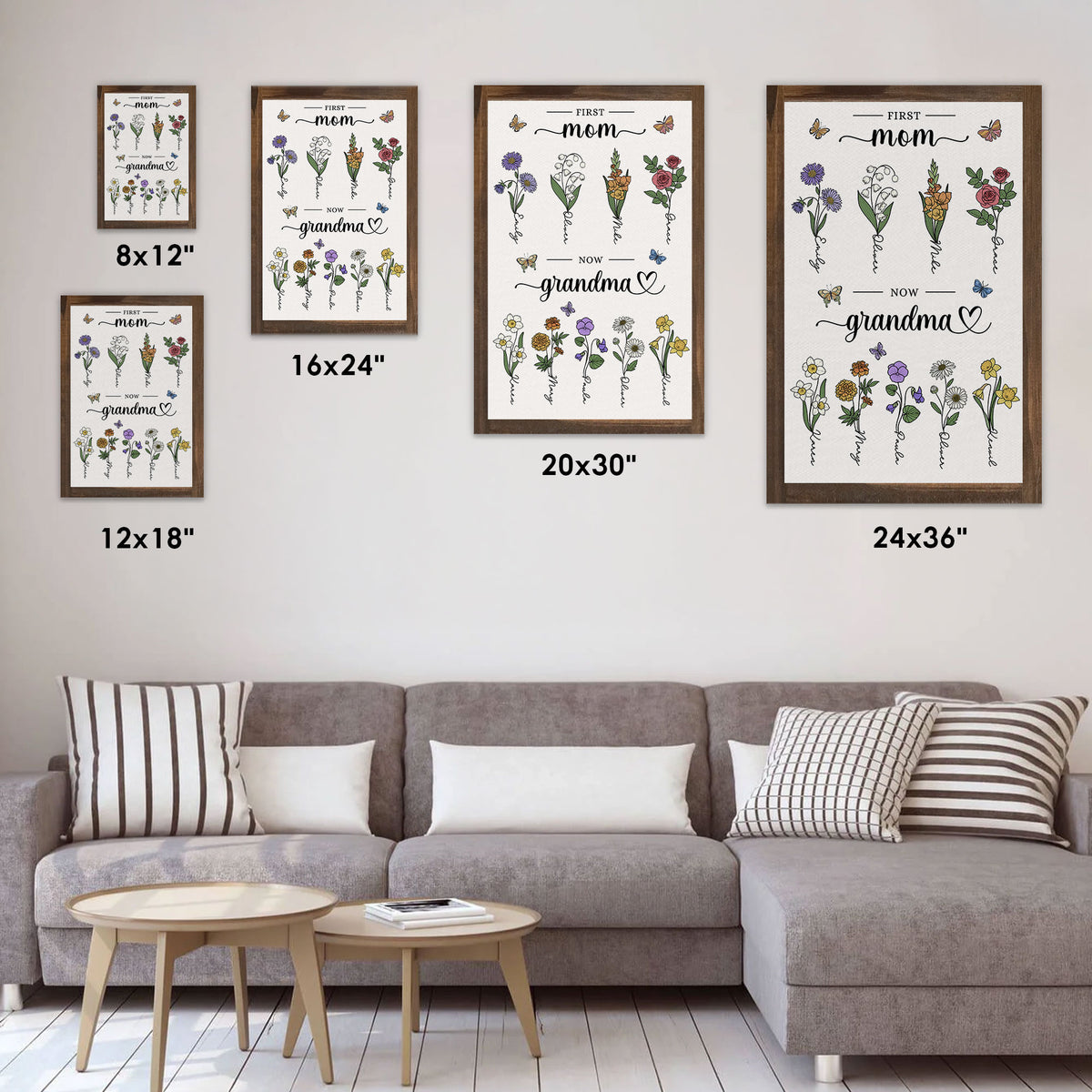 First Mom, Now Grandma Personalized Birth Flower Canvas with Names - Meaningful Mother's Day Gift For Mom, Grandma