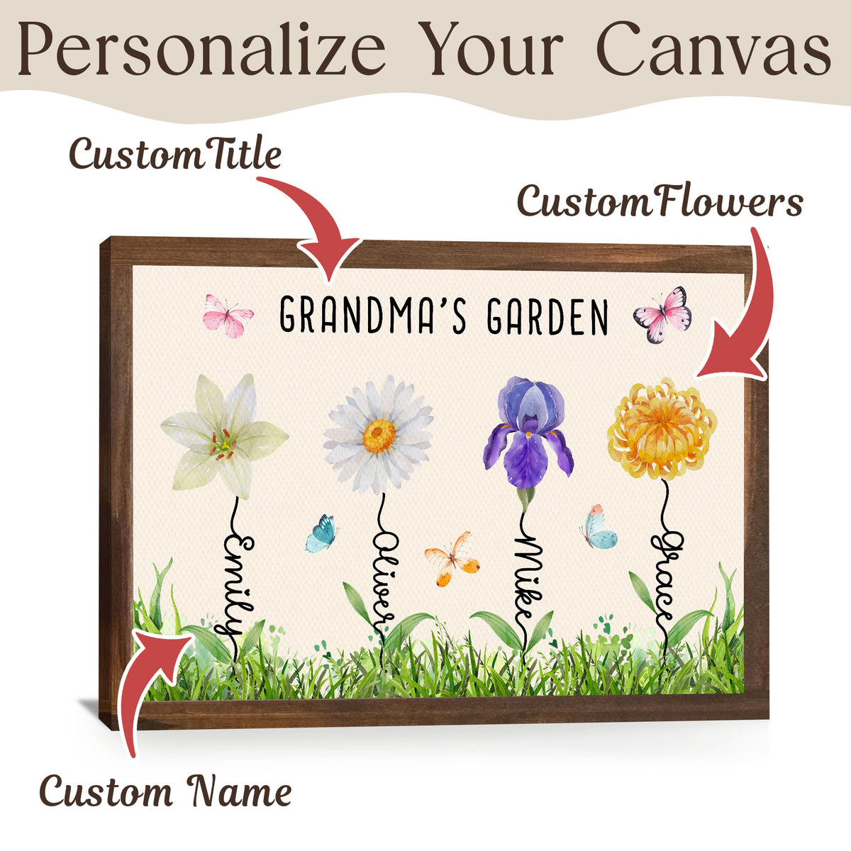 Custom Grandma Birth Month Flower Butterflies Grandkids Names Canvas - Personalized Wall Art