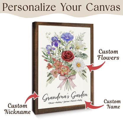 Custom Grandma Birth Flower Bouquet with Grandkids Names Canvas - Personalized Wall Art