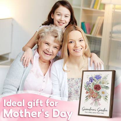 Custom Grandma Birth Flower Bouquet with Grandkids Names Canvas - Personalized Wall Art