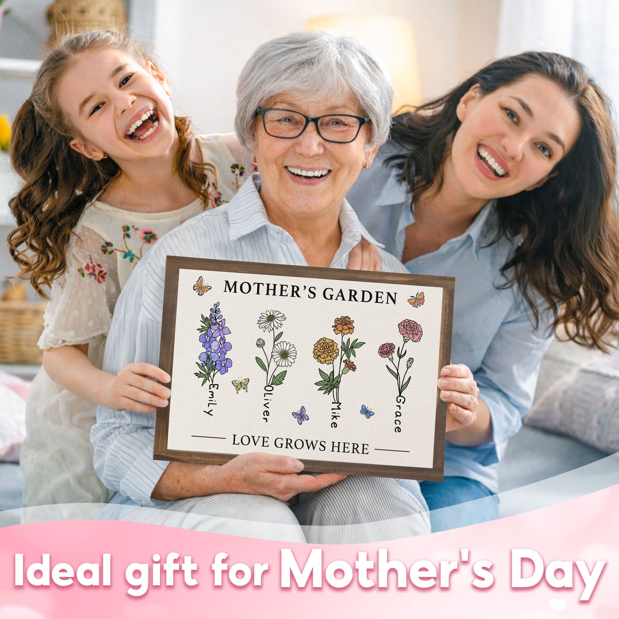 Mother’s Garden Personalized Birth Flower Canvas with Names and Butterflies - Love Grows Here Wall Art - Mother's Day Gift For Mom, Grandma
