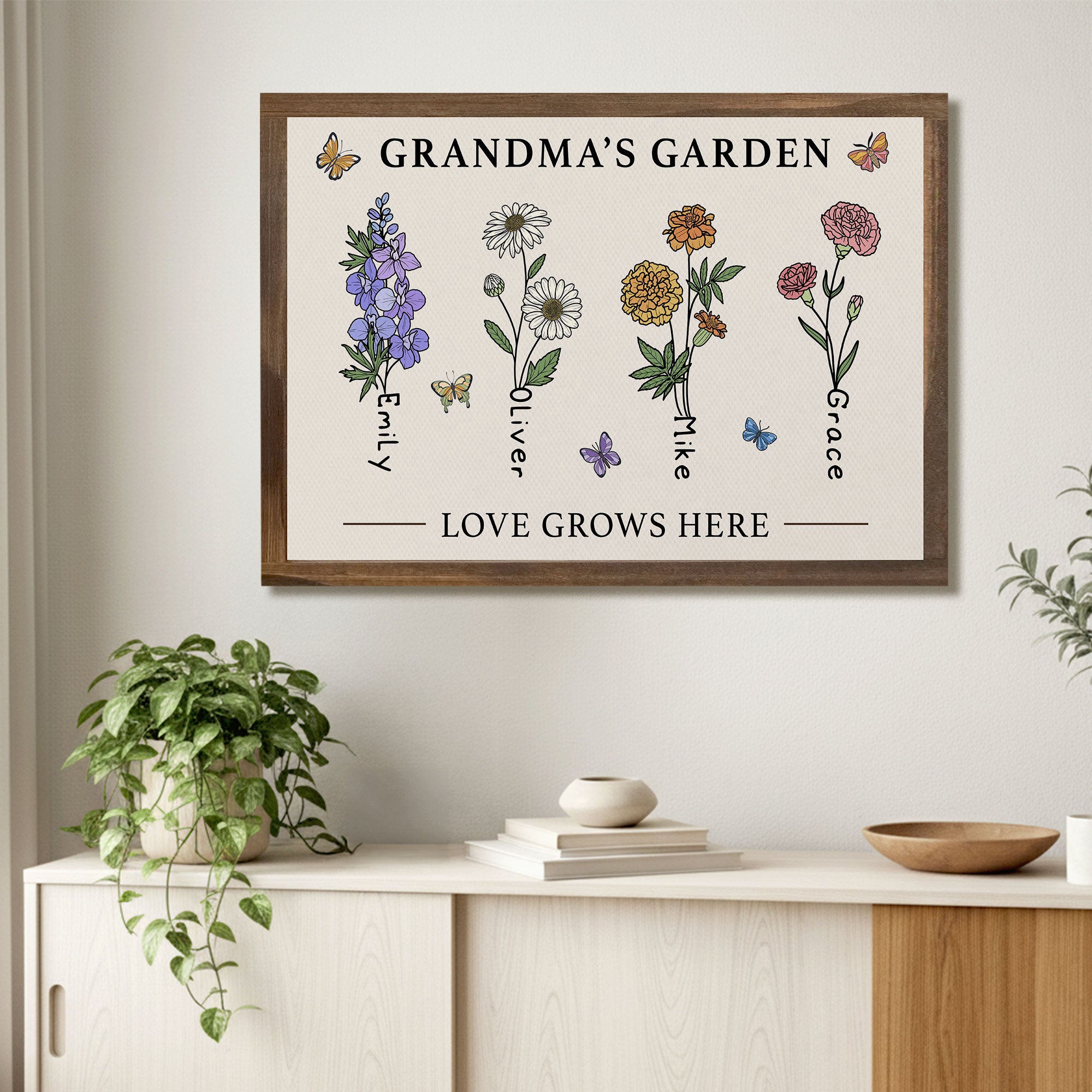 Grandma’s Garden Personalized Birth Flower Canvas with Names and Butterflies - Love Grows Here Wall Art - Mother's Day Gift For Mom, Grandma