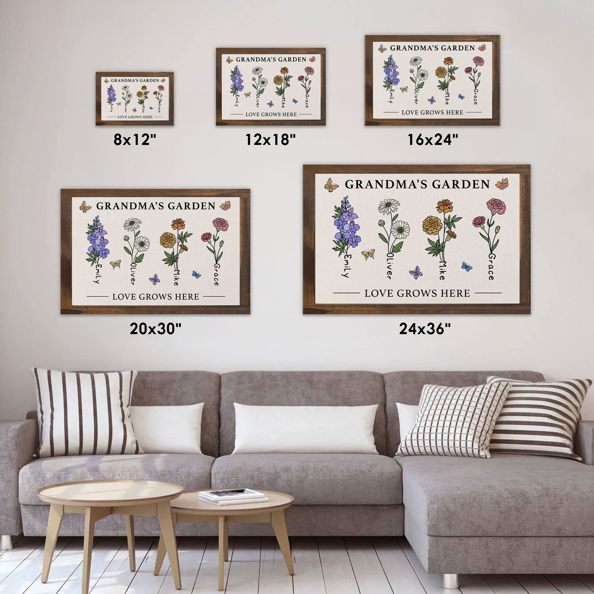 Grandma’s Garden Personalized Birth Flower Canvas with Names and Butterflies - Love Grows Here Wall Art - Mother's Day Gift For Mom, Grandma