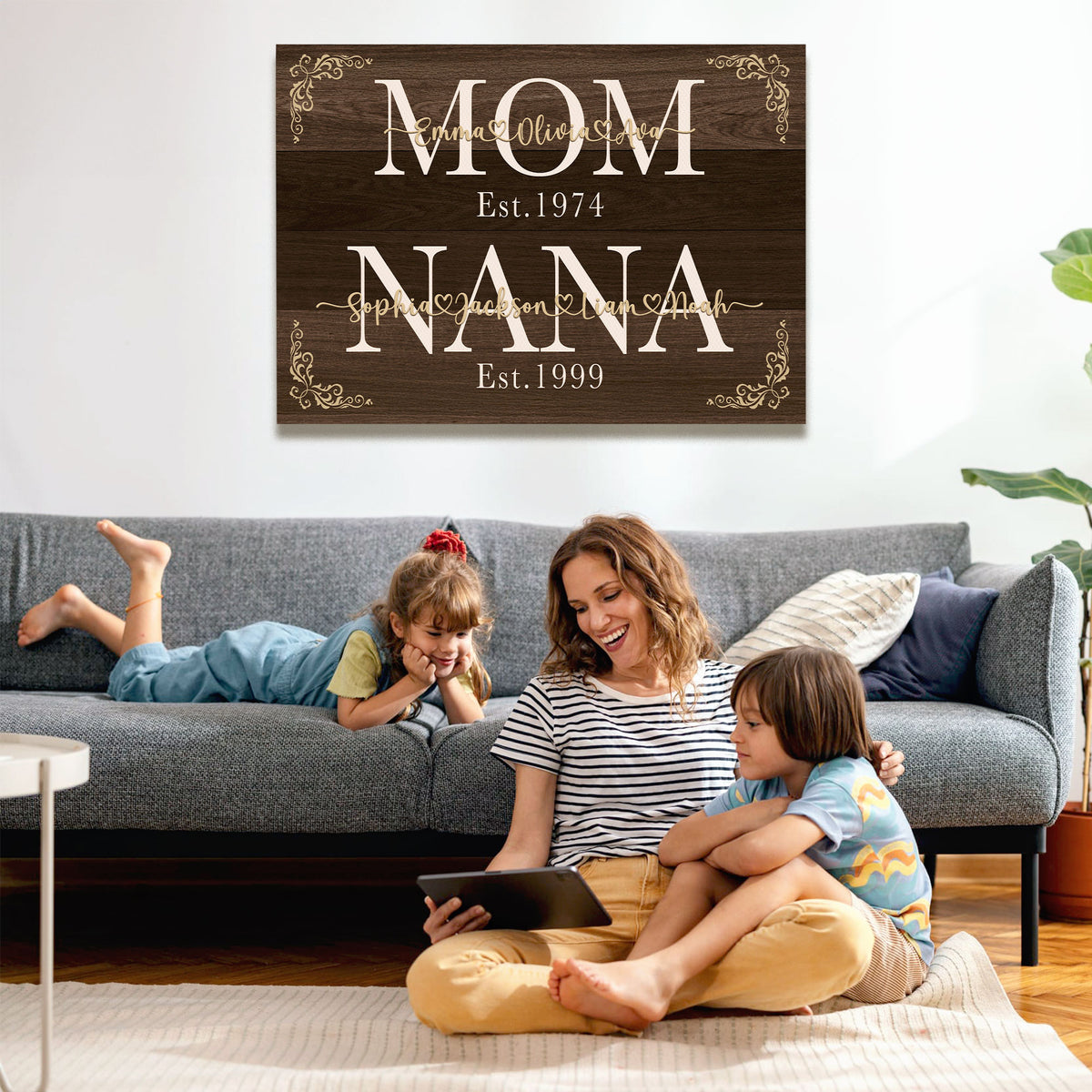 Personalized Mom Nana Est Canvas with Names - Custom Rustic Farmhouse Wall Art - Mother's Day Gift for Mom, Grandma