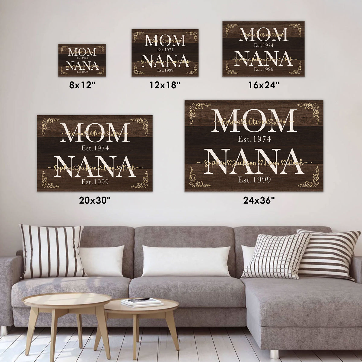 Personalized Mom Nana Est Canvas with Names - Custom Rustic Farmhouse Wall Art - Mother's Day Gift for Mom, Grandma