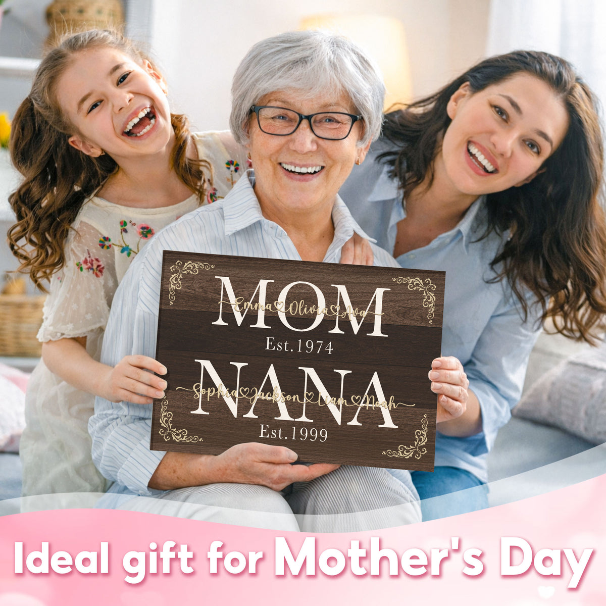 Personalized Mom Nana Est Canvas with Names - Custom Rustic Farmhouse Wall Art - Mother's Day Gift for Mom, Grandma