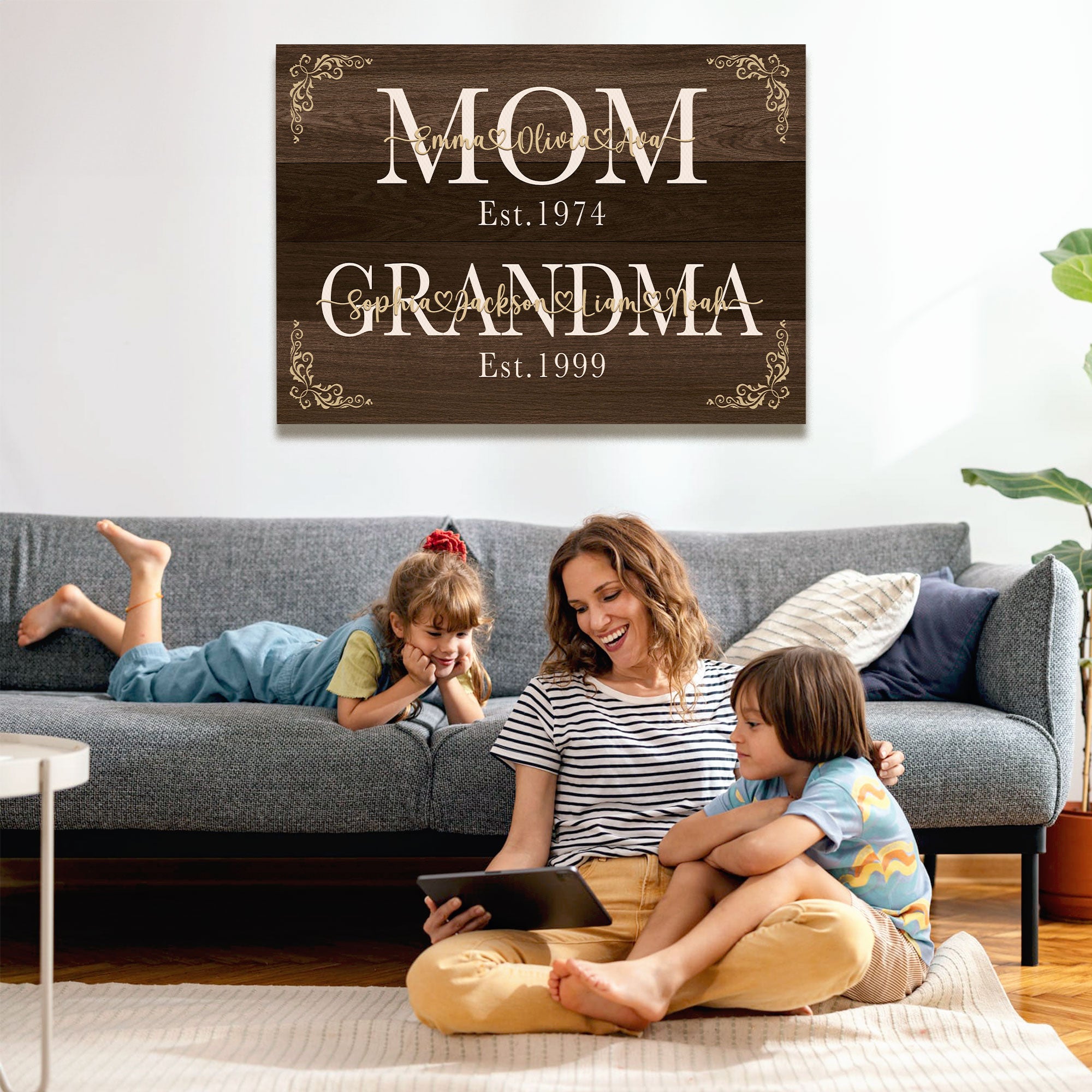 Personalized Mom Grandma Est Canvas with Names - Custom Rustic Farmhouse Wall Art - Mother's Day Gift for Mom, Grandma