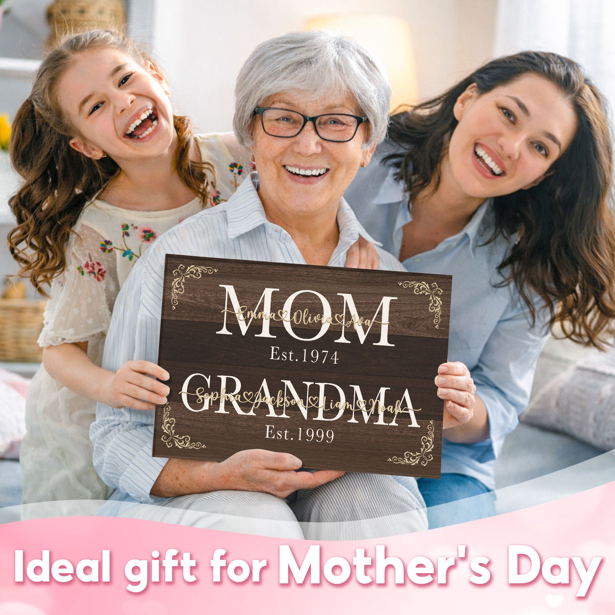 Personalized Mom Grandma Est Canvas with Names - Custom Rustic Farmhouse Wall Art - Mother's Day Gift for Mom, Grandma