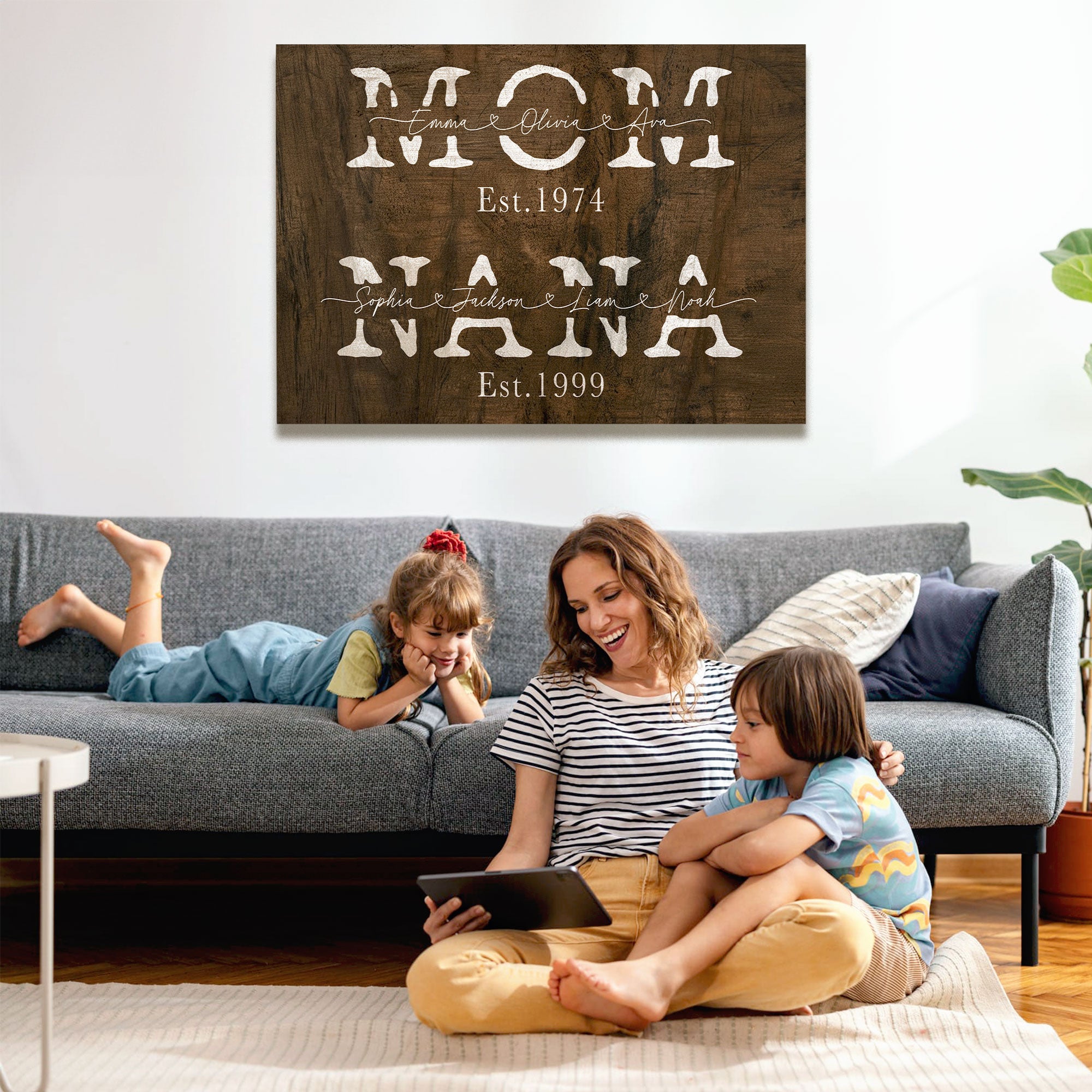 Personalized Mom Nana Est Canvas with Names - Custom Rustic Block Lettering Wall Art - Mother's Day Gift for Mom, Grandma