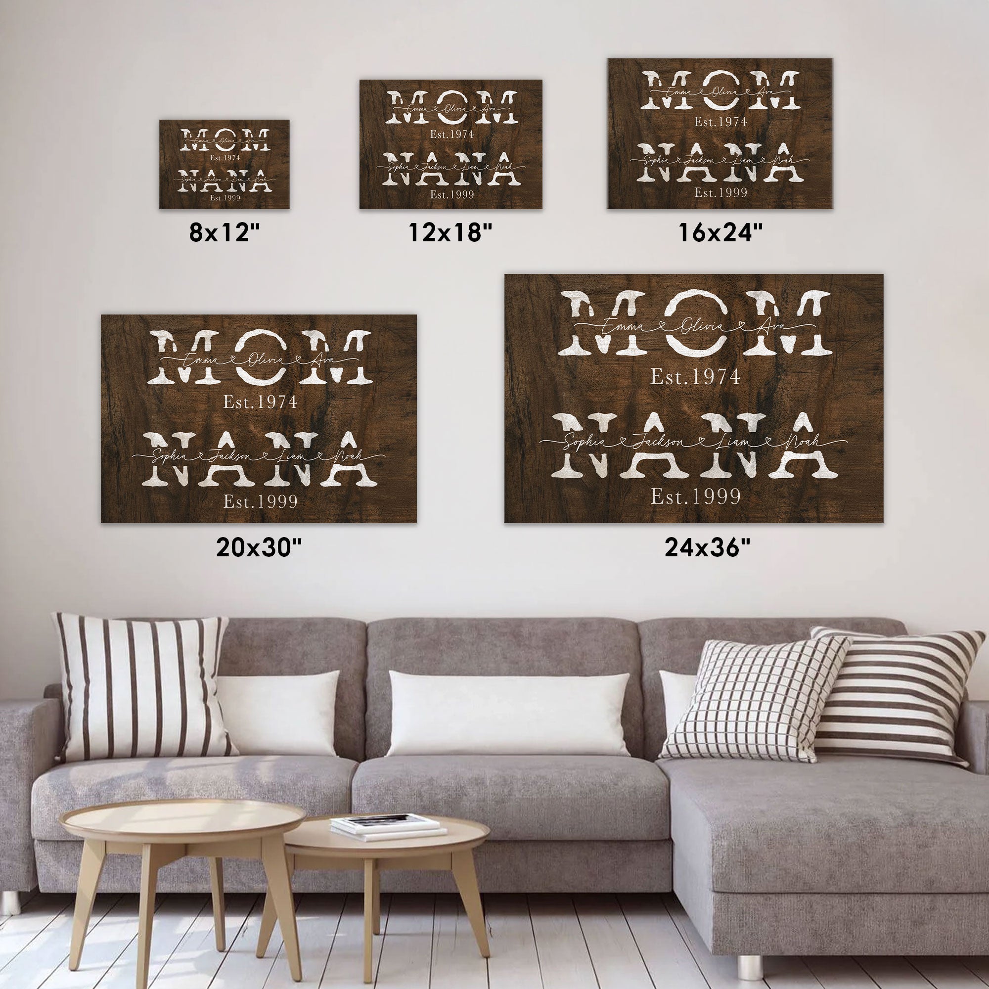 Personalized Mom Nana Est Canvas with Names - Custom Rustic Block Lettering Wall Art - Mother's Day Gift for Mom, Grandma