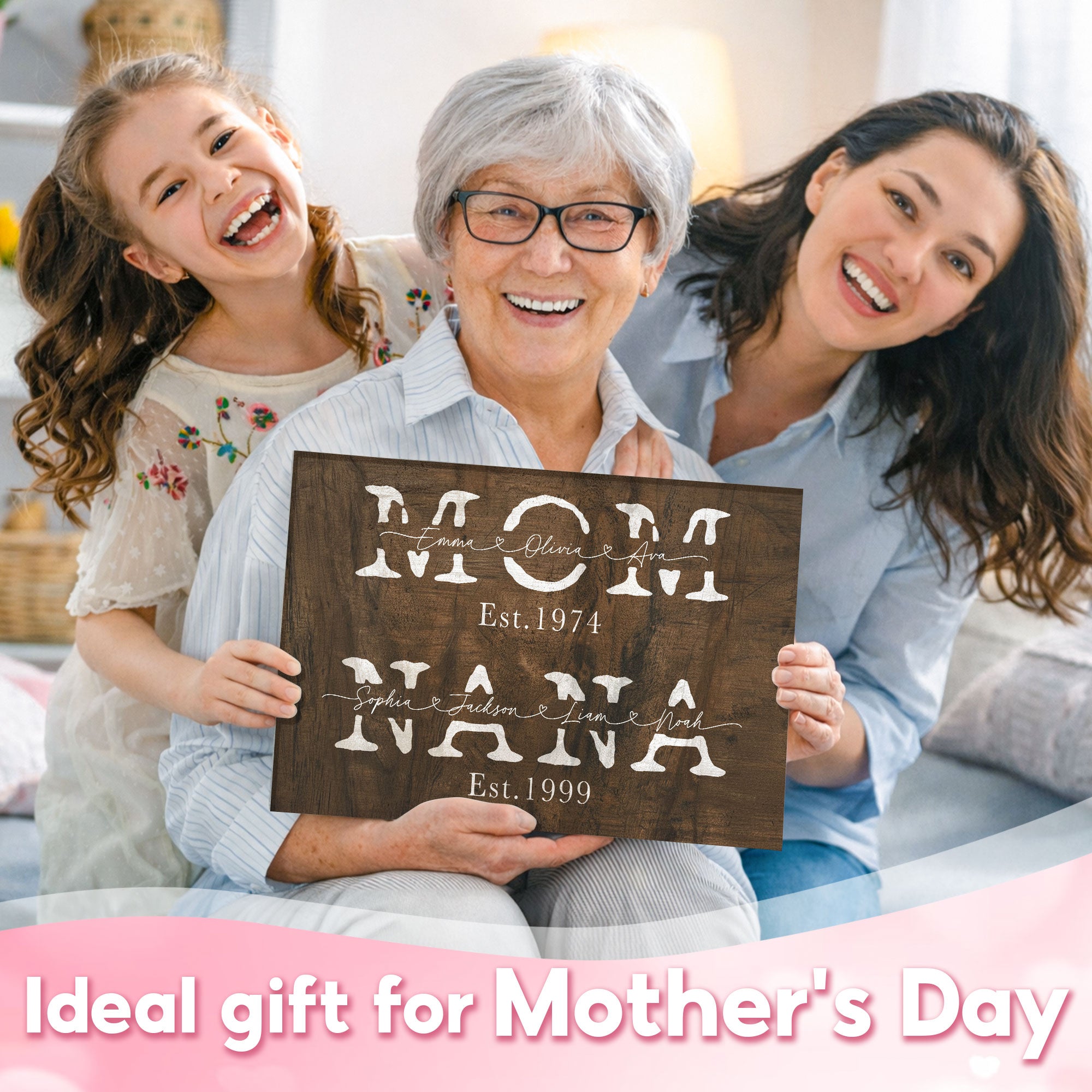 Personalized Mom Nana Est Canvas with Names - Custom Rustic Block Lettering Wall Art - Mother's Day Gift for Mom, Grandma