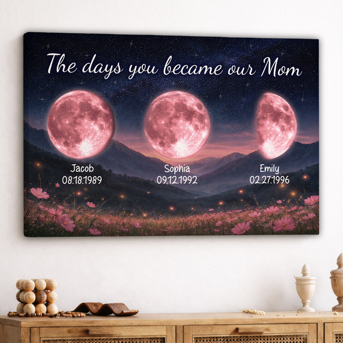 Personalized Birth Moon Phase Canvas With Name - The Days You Became Our Mom Wall Art - Mountain Landscape & Floral Print  - Mother's Day Gift for Mom