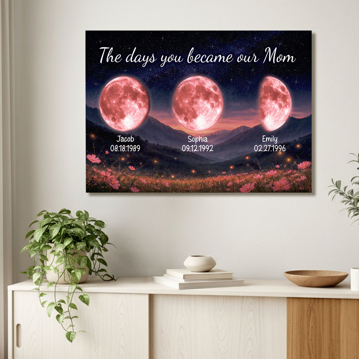 Personalized Birth Moon Phase Canvas With Name - The Days You Became Our Mom Wall Art - Mountain Landscape & Floral Print  - Mother's Day Gift for Mom