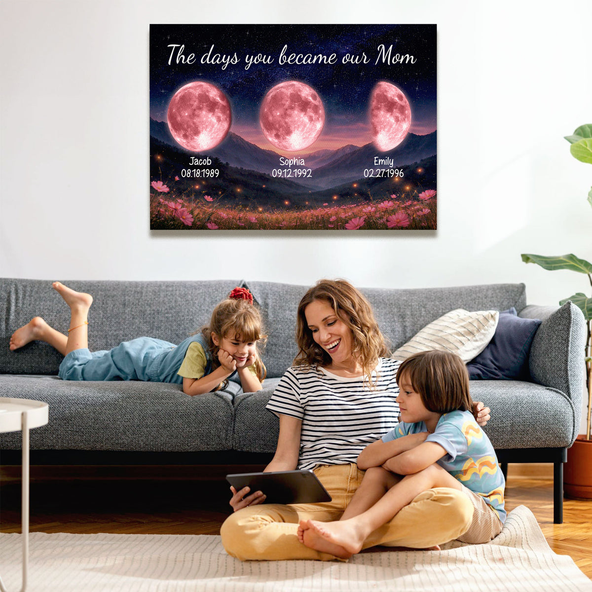 Personalized Birth Moon Phase Canvas With Name - The Days You Became Our Mom Wall Art - Mountain Landscape & Floral Print  - Mother's Day Gift for Mom