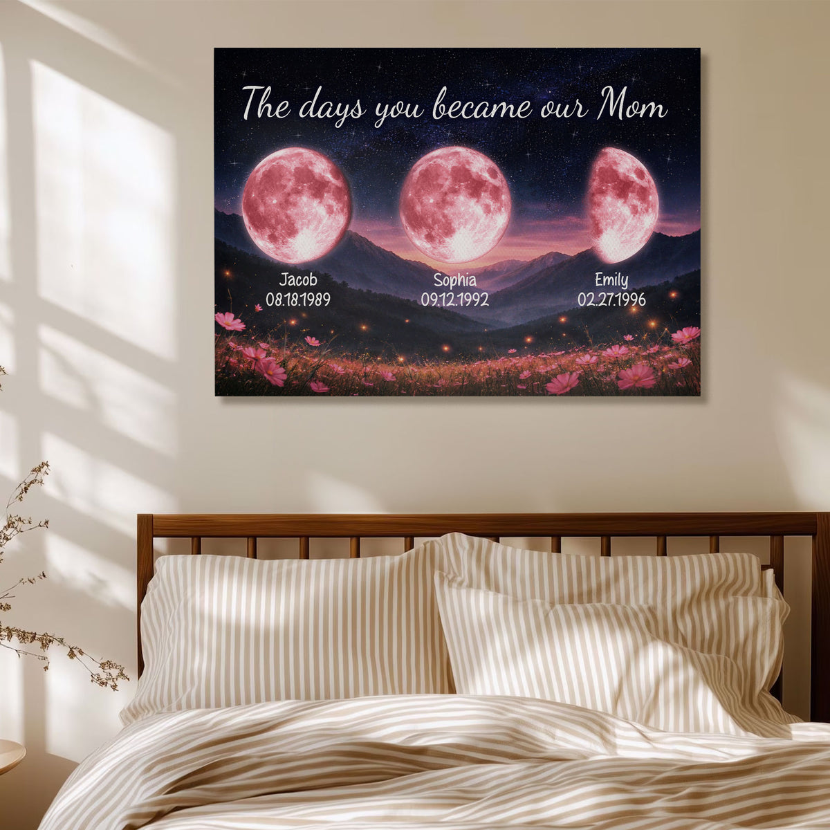 Personalized Birth Moon Phase Canvas With Name - The Days You Became Our Mom Wall Art - Mountain Landscape & Floral Print  - Mother's Day Gift for Mom