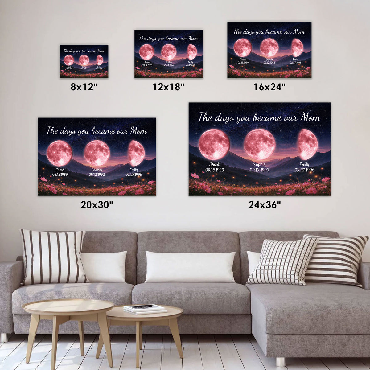 Personalized Birth Moon Phase Canvas With Name - The Days You Became Our Mom Wall Art - Mountain Landscape & Floral Print  - Mother's Day Gift for Mom