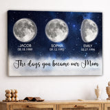 Custom Mom Birth Moon Phase Kids Names Blue Galaxy Canvas - Personalized Wall Art