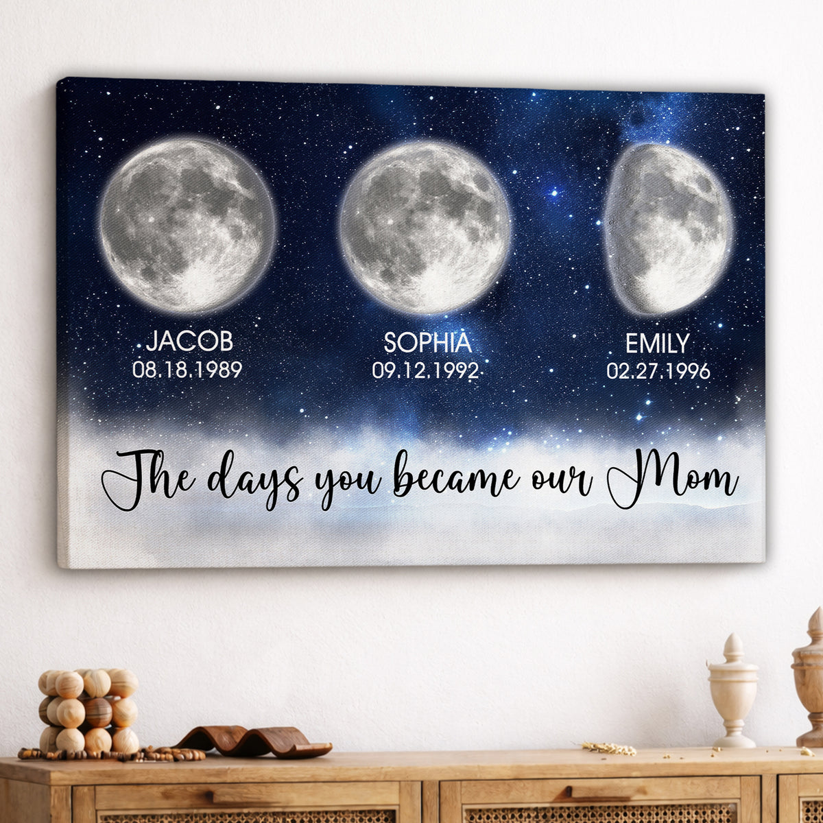 Personalized Birth Moon Phase Canvas With Name - The Days You Became Our Mom Wall Art - Deep Blue Galaxy & Silver Moon Print  - Mother's Day Gift for Mom