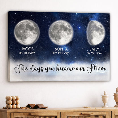 Custom Mom Birth Moon Phase Kids Names Blue Galaxy Canvas - Personalized Wall Art