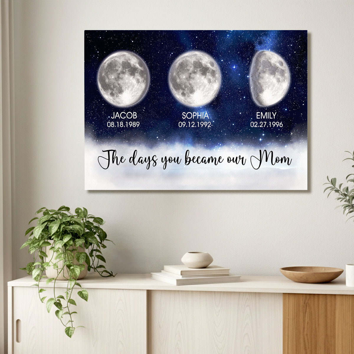 Personalized Birth Moon Phase Canvas With Name - The Days You Became Our Mom Wall Art - Deep Blue Galaxy & Silver Moon Print  - Mother's Day Gift for Mom