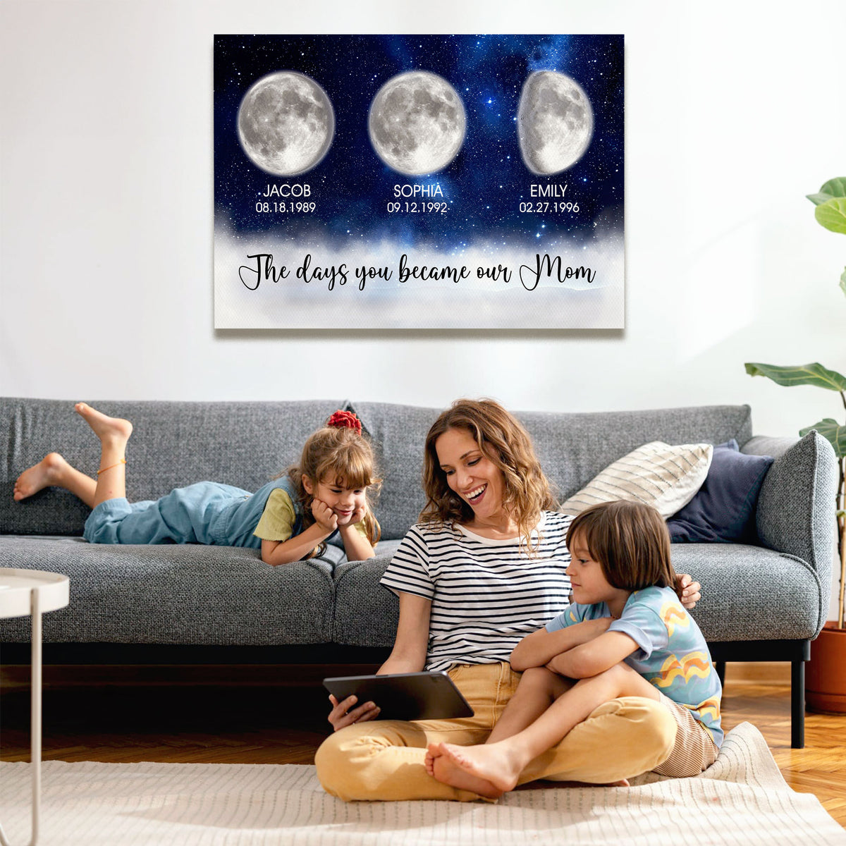 Personalized Birth Moon Phase Canvas With Name - The Days You Became Our Mom Wall Art - Deep Blue Galaxy & Silver Moon Print  - Mother's Day Gift for Mom