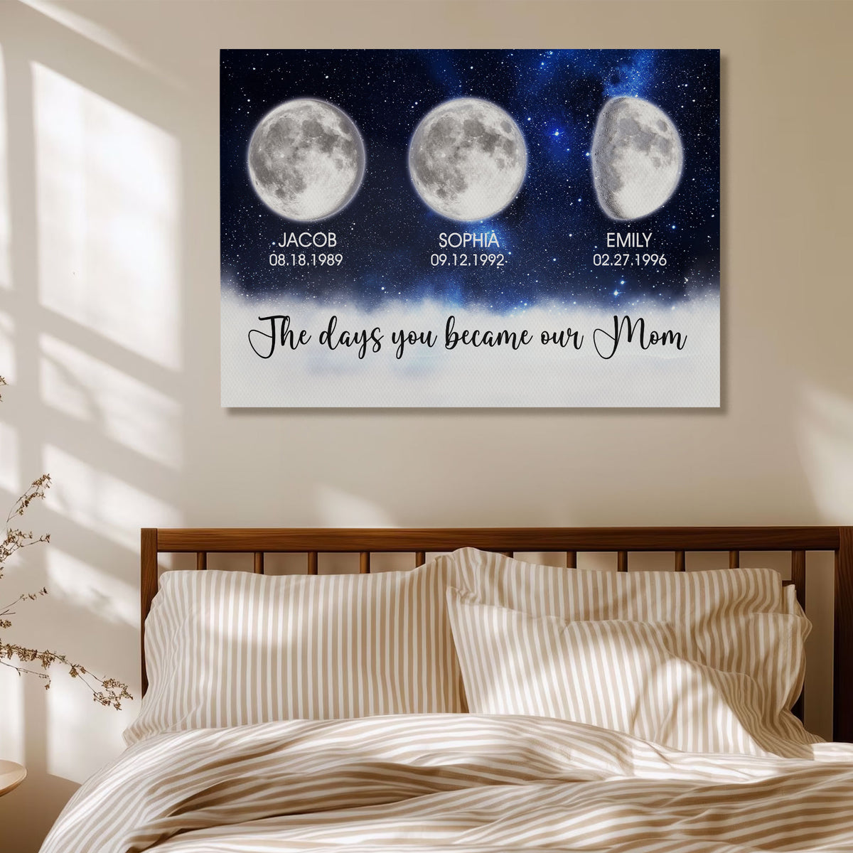 Personalized Birth Moon Phase Canvas With Name - The Days You Became Our Mom Wall Art - Deep Blue Galaxy & Silver Moon Print  - Mother's Day Gift for Mom