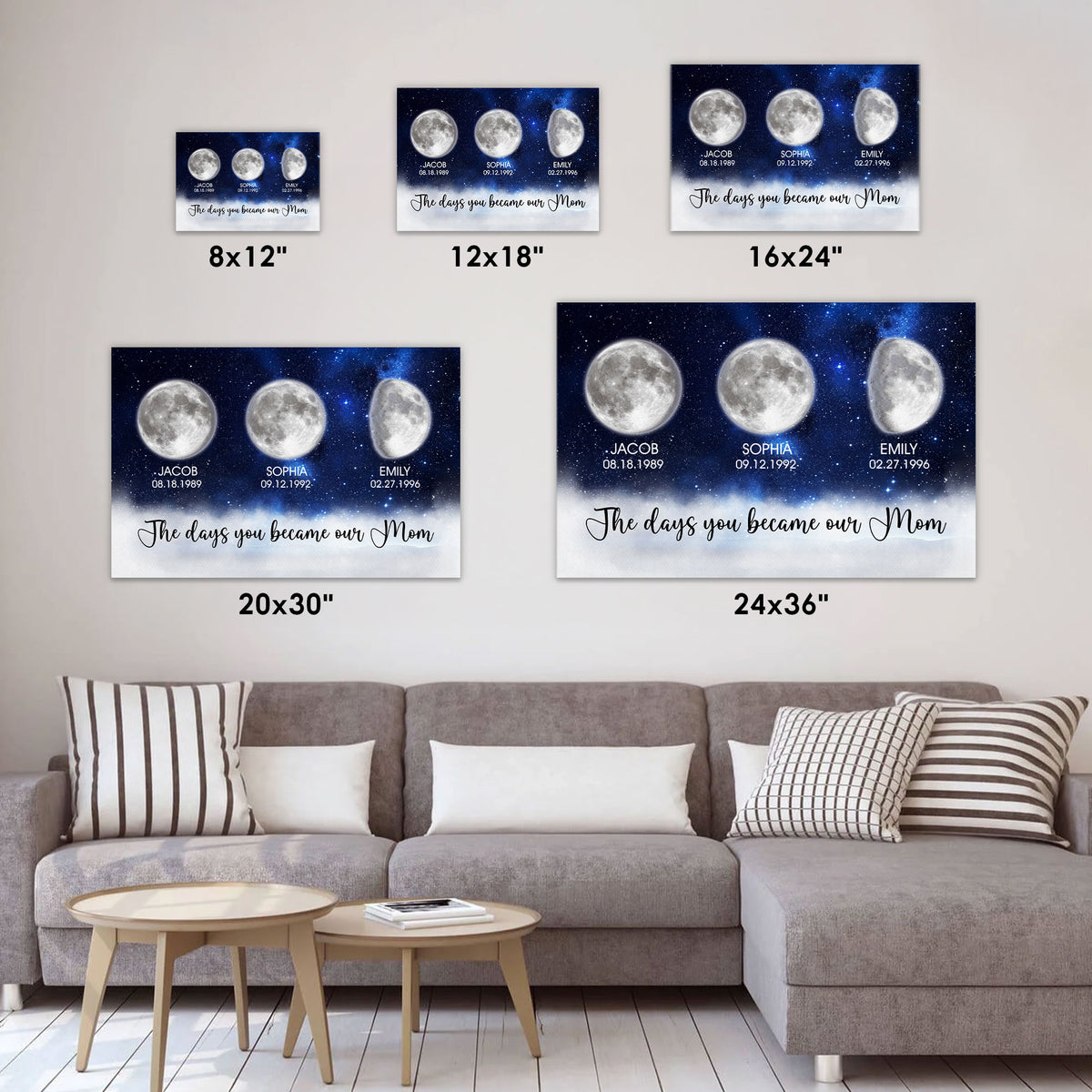Personalized Birth Moon Phase Canvas With Name - The Days You Became Our Mom Wall Art - Deep Blue Galaxy & Silver Moon Print  - Mother's Day Gift for Mom