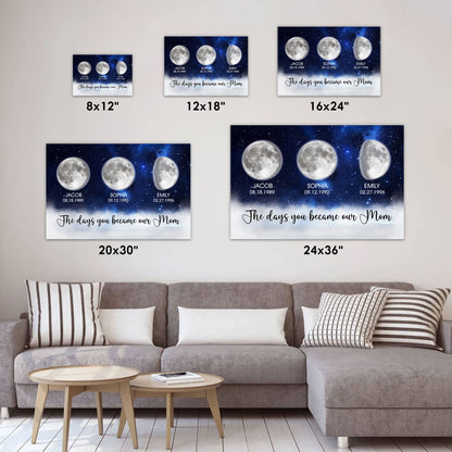 Custom Mom Birth Moon Phase Kids Names Blue Galaxy Canvas - Personalized Wall Art