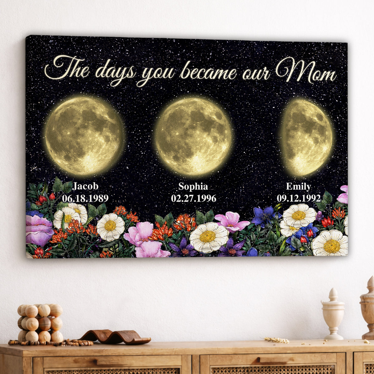 Personalized Birth Golden Moon Phase Canvas With Name - The Days You Became Our Mom Wall Art - Vintage Floral Garden Print  - Mother's Day Gift for Mom