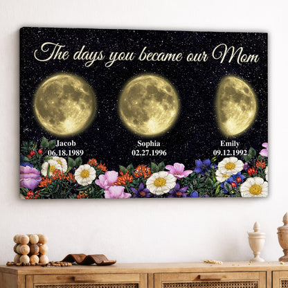 Custom Mom Birth Moon Phase Kids Names Yellow Moons Flowers Canvas - Personalized Wall Art