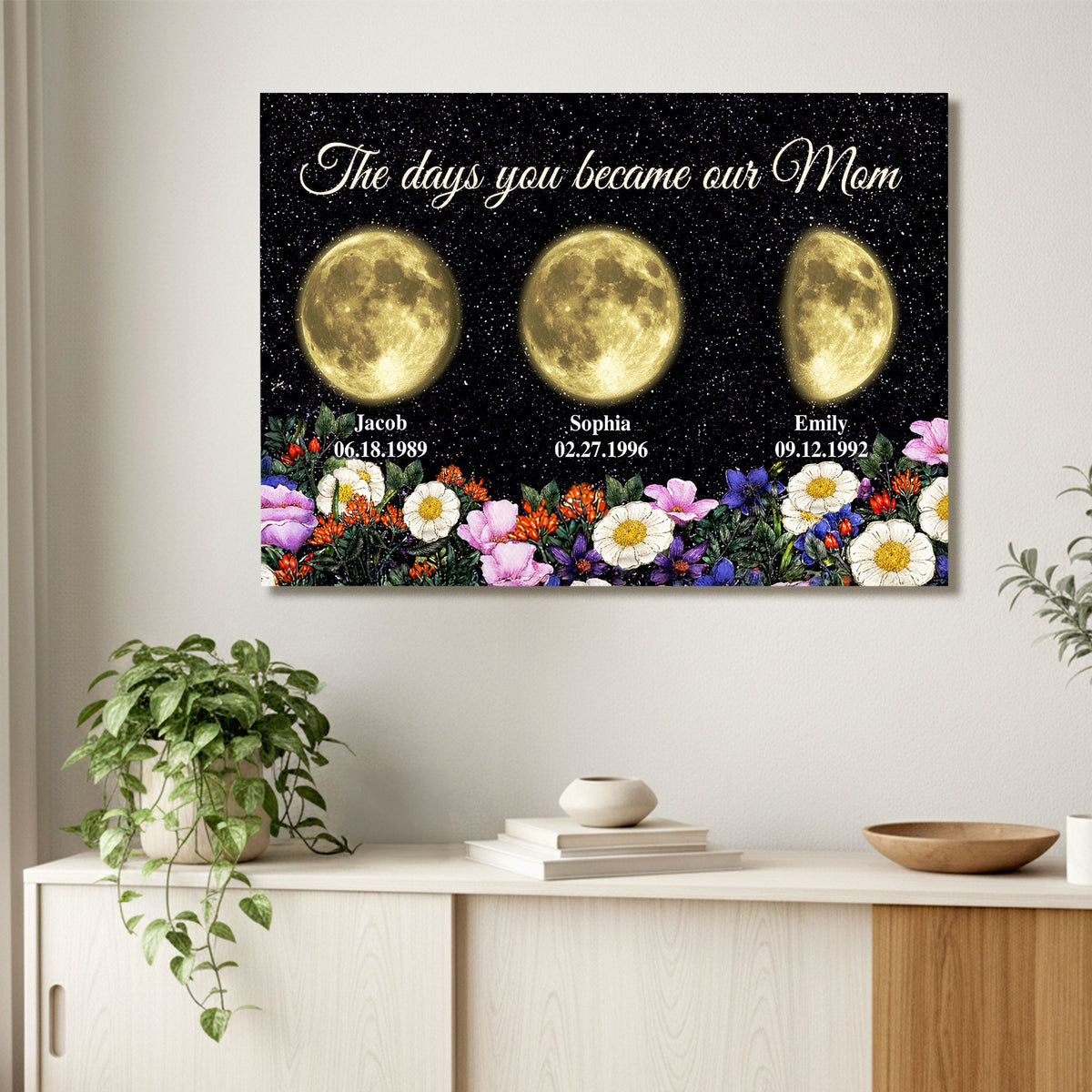 Personalized Birth Golden Moon Phase Canvas With Name - The Days You Became Our Mom Wall Art - Vintage Floral Garden Print  - Mother's Day Gift for Mom