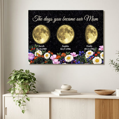 Custom Mom Birth Moon Phase Kids Names Yellow Moons Flowers Canvas - Personalized Wall Art