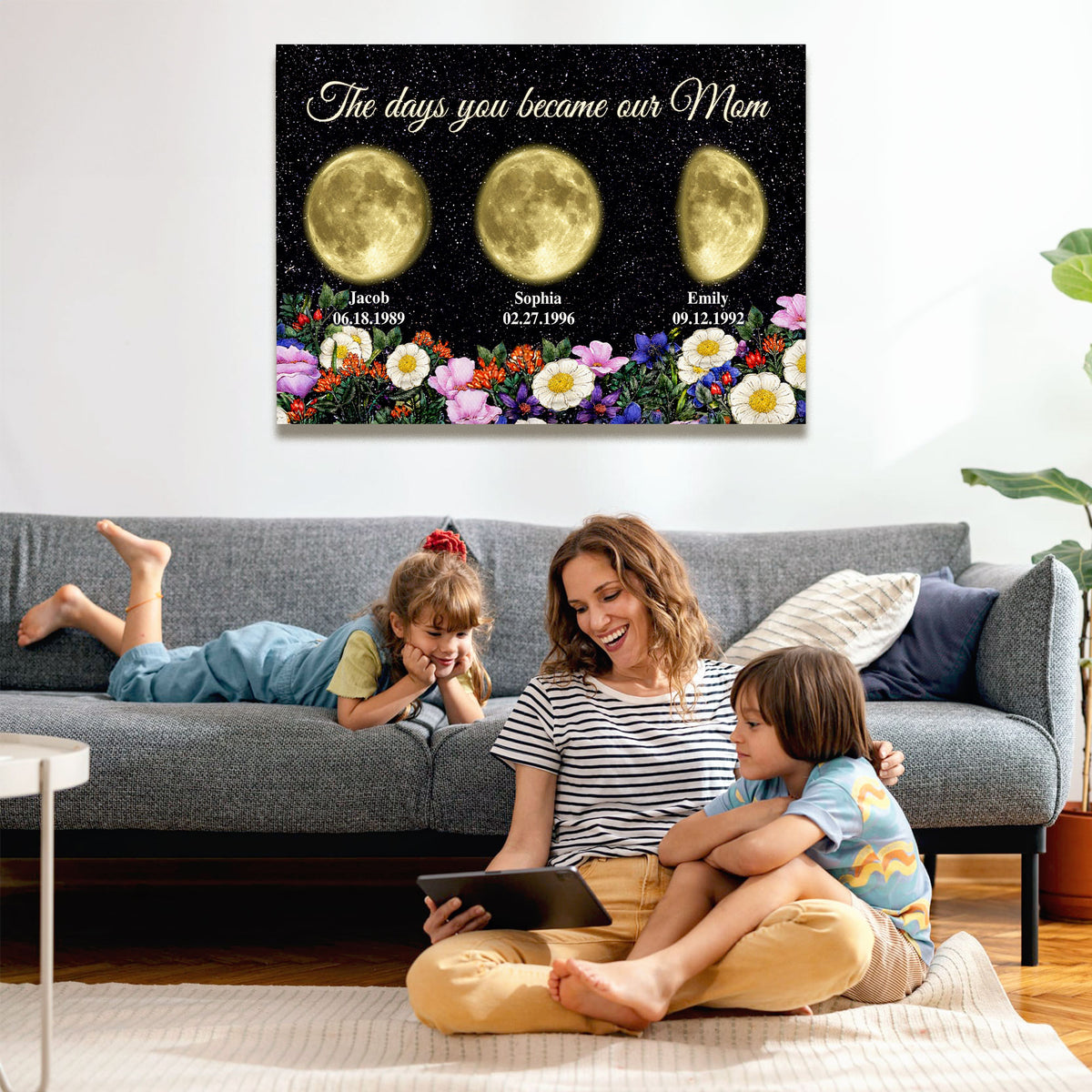 Personalized Birth Golden Moon Phase Canvas With Name - The Days You Became Our Mom Wall Art - Vintage Floral Garden Print  - Mother's Day Gift for Mom